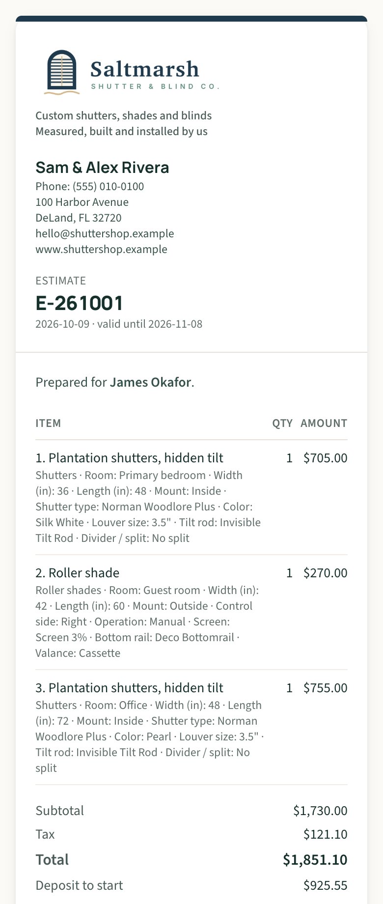 A customer-facing estimate on a phone, with the shop's logo, itemized shutters and shades, totals and the deposit to start
